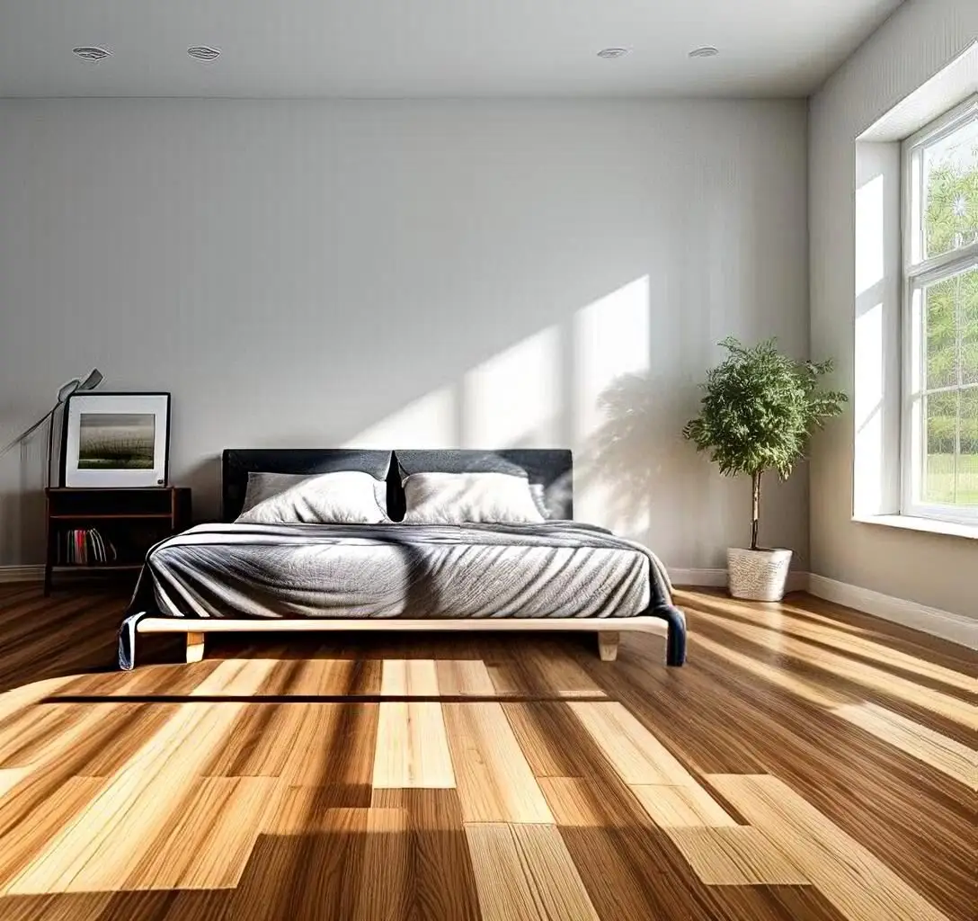bright-modern-bedroom-with-a-bed-and-decorative-pillows-wooden-flooring-a-potted-plant-and-a-window-casting-shadows